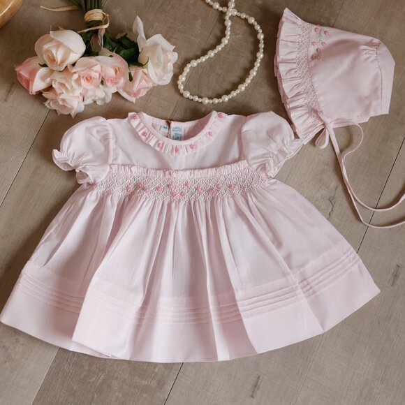 Pink Smocked Dress With Bonnet Set Embroidery Collar Feltman